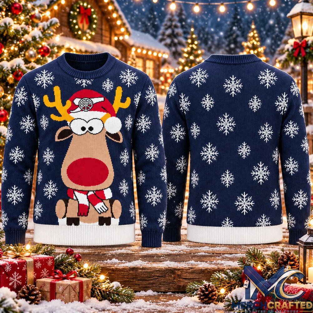 Arsenal FC Reindeer Christmas Ugly Sweater 2026 Navy Cannon Santa Hat Knit Jumper Holiday Football Gift