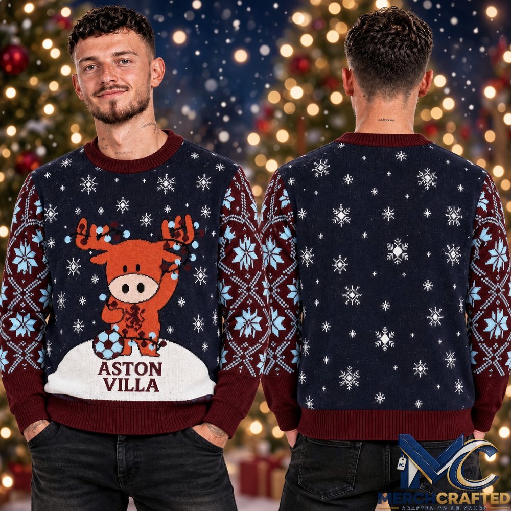 Aston Villa Dasher Ugly Christmas Sweater 2026 Knit Jumper Reindeer Football Crest Holiday Gift