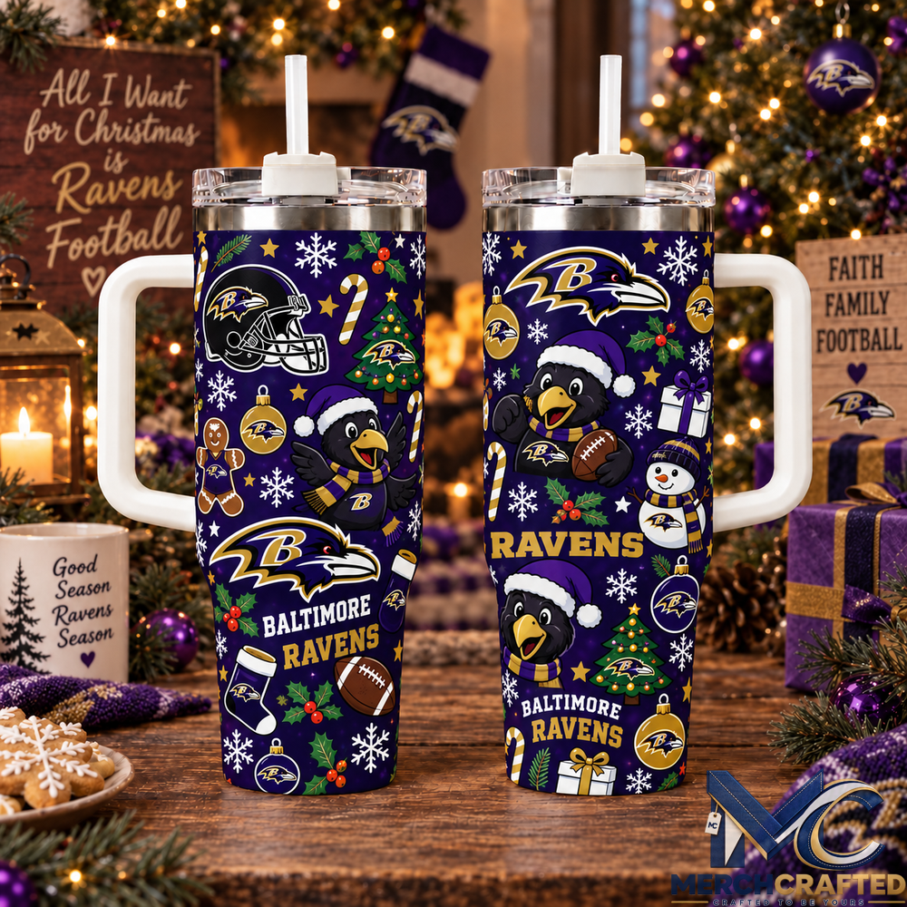 Baltimore Ravens Christmas Tumbler 40 oz with Handle and Straw Holiday Football Fan Travel Mug Gift