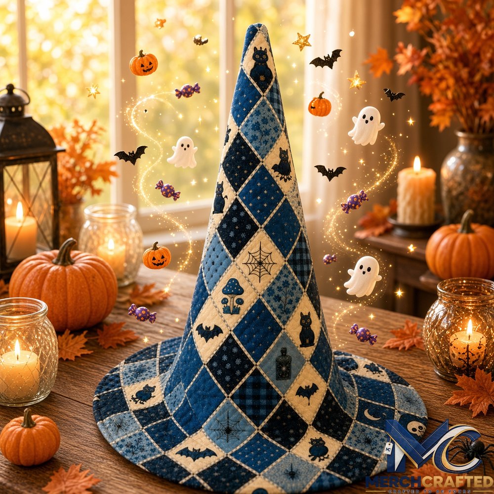 Blue Cream Argyle Spooky Special Quilted Witch Hat Halloween Costume Hat