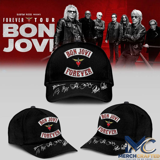 Bon Jovi Forever Tour 2026 Black Baseball Cap With Band Signatures