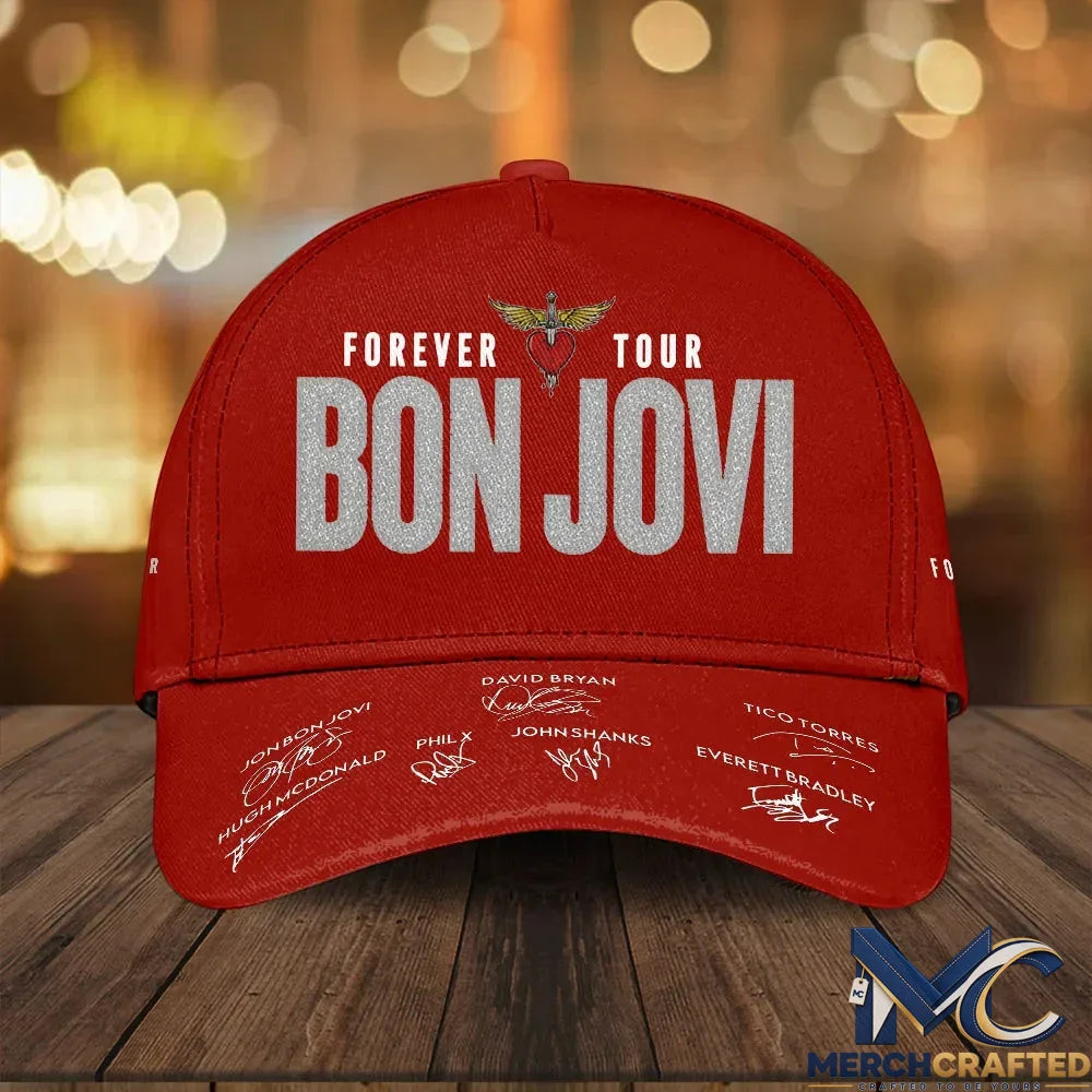 Bon Jovi Forever Tour 2026 Red Baseball Cap With Band Member Signatures