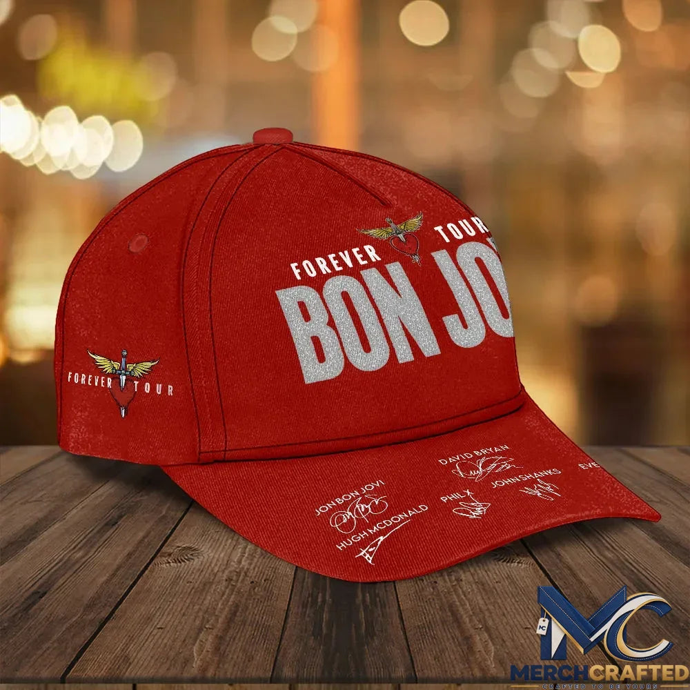 Bon Jovi Forever Tour 2026 Red Baseball Cap With Band Member Signatures