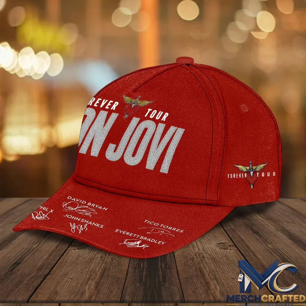 Bon Jovi Forever Tour 2026 Red Baseball Cap With Band Member Signatures
