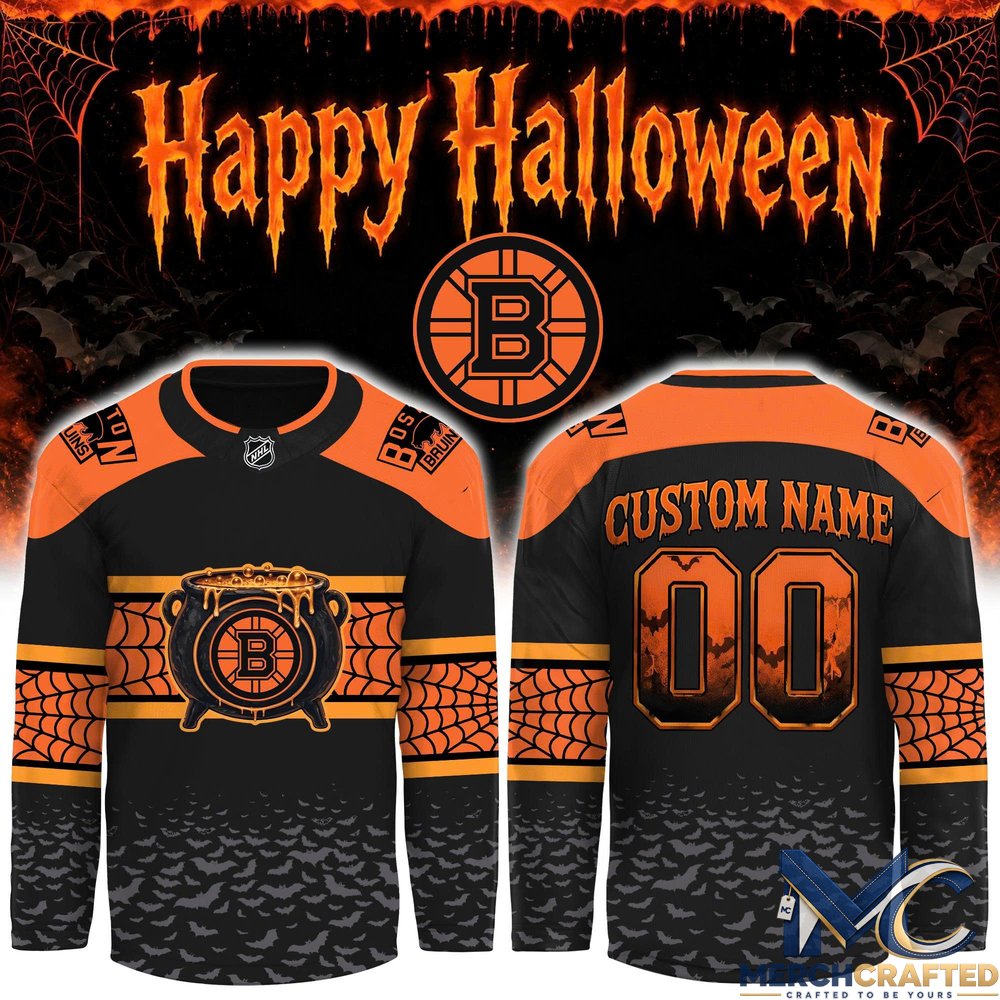 Boston Bruins Halloween 2026 Custom Hockey Jersey – Cauldron x Spiderweb Design