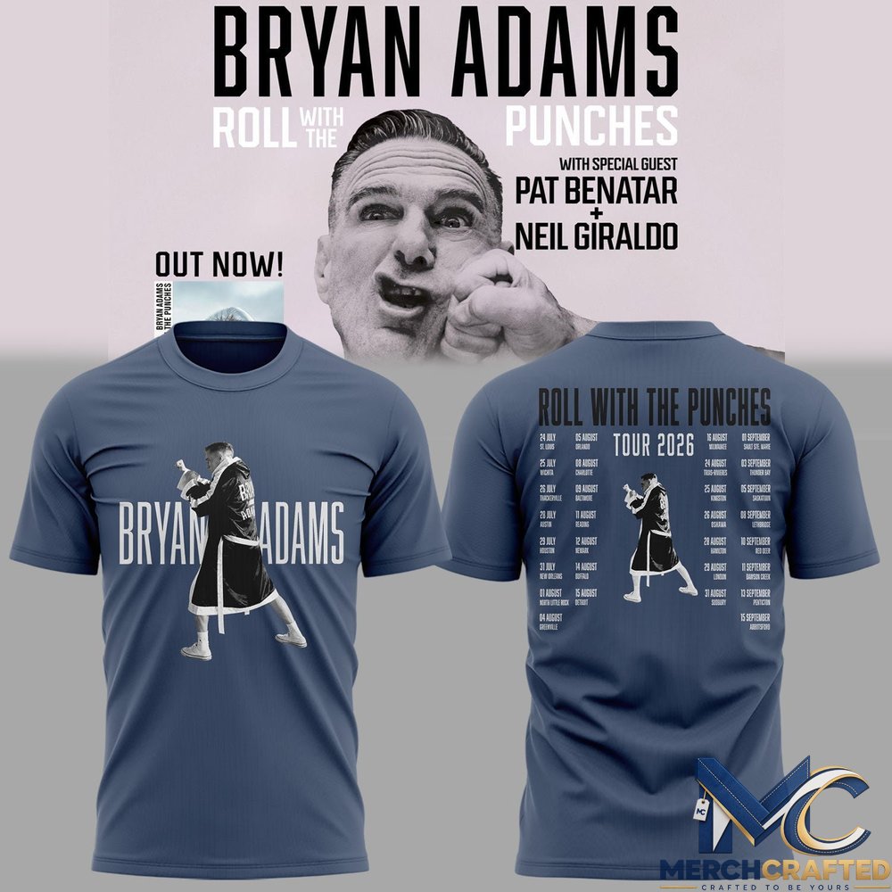 Bryan Adams Roll With The Punches Tour 2026 Tour Dates Blue T-Shirt