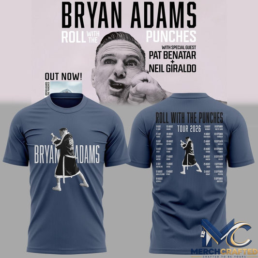 Bryan Adams Roll With The Punches Tour 2026 Tour Dates Blue T-Shirt