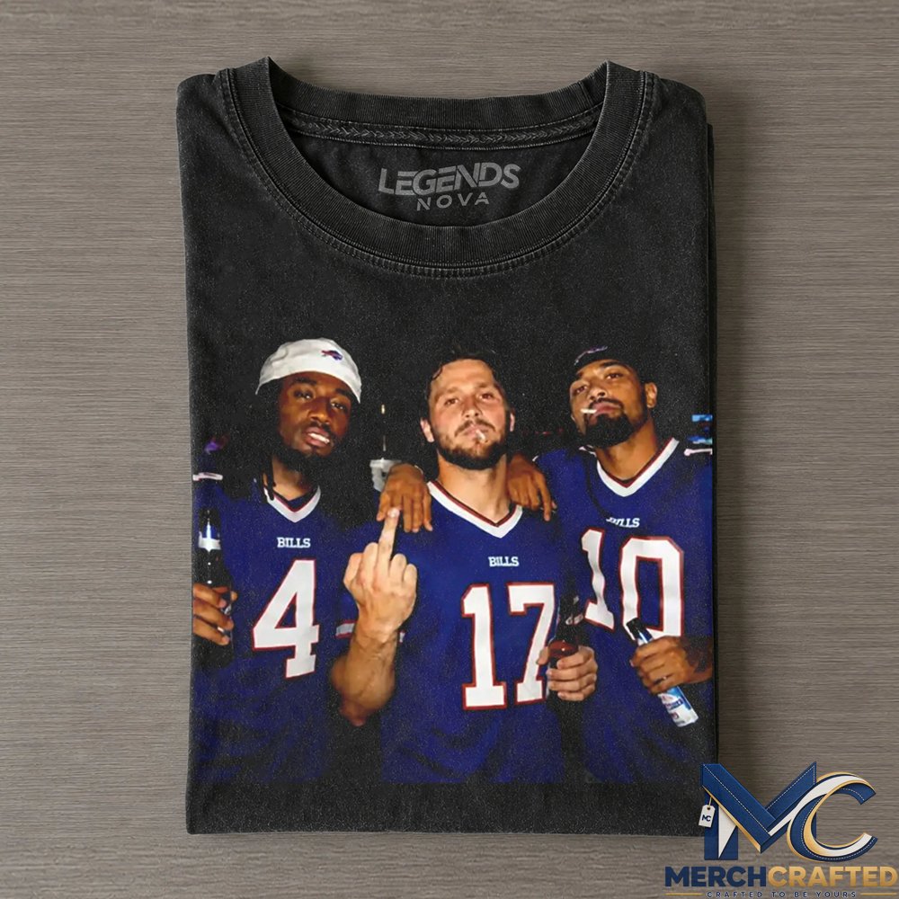 Buffalo Bills James Cook, Josh Allen x Khalil Shakir Drinking x Middle Finger T-Shirt