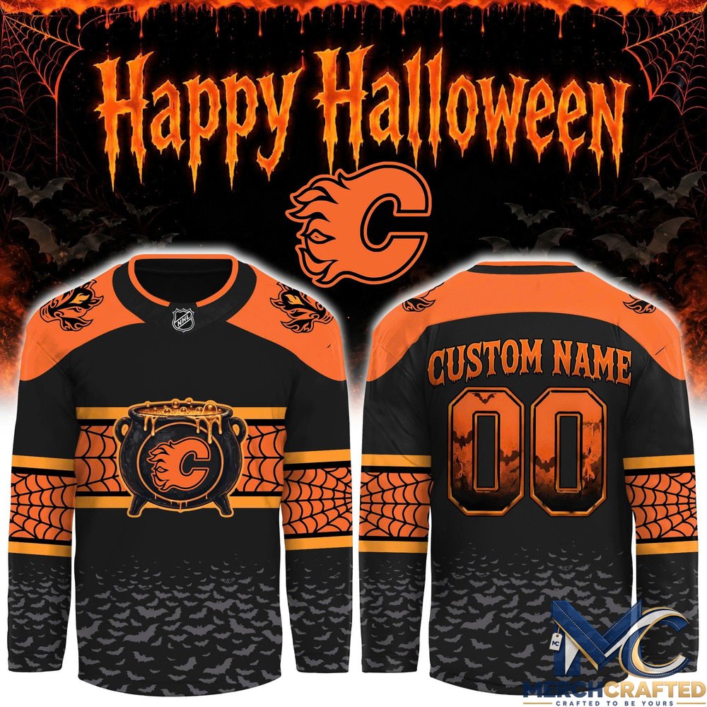 Calgary Flames Halloween 2026 Custom Hockey Jersey – Cauldron x Spiderweb Design