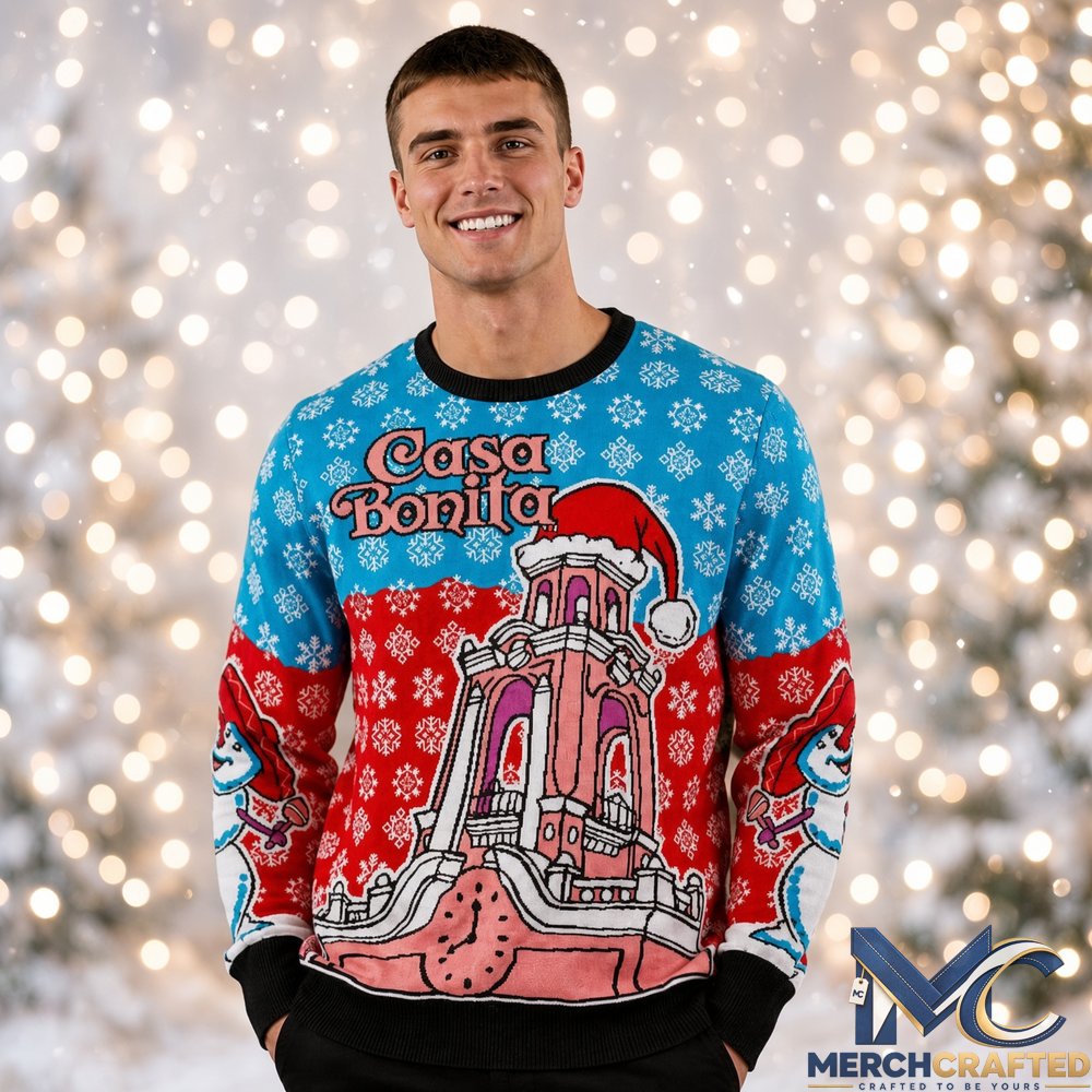 Casa Bonita Snowy Tower Ugly Christmas Sweater 2026 for Christmas Fans