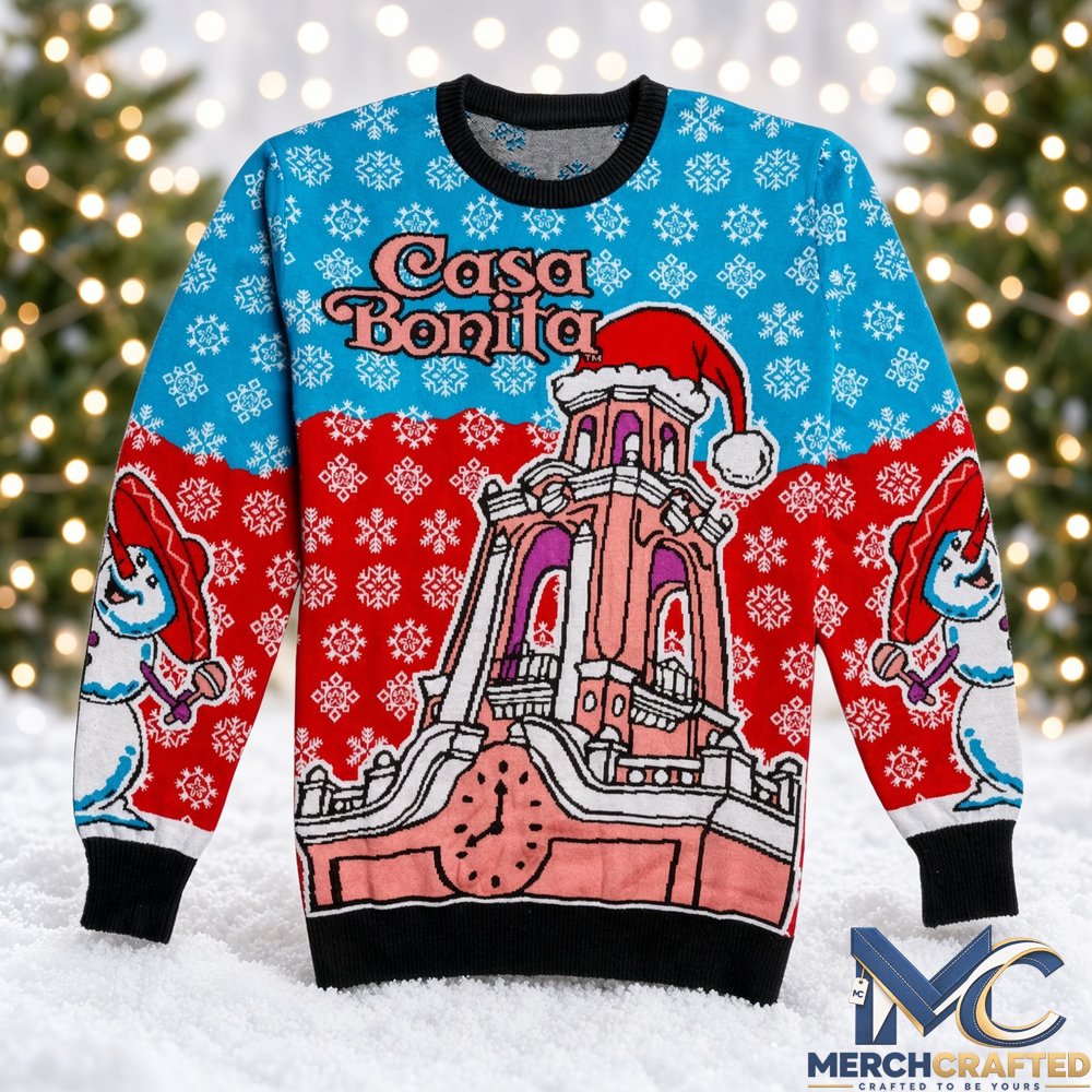 Casa Bonita Snowy Tower Ugly Christmas Sweater 2026 for Christmas Fans