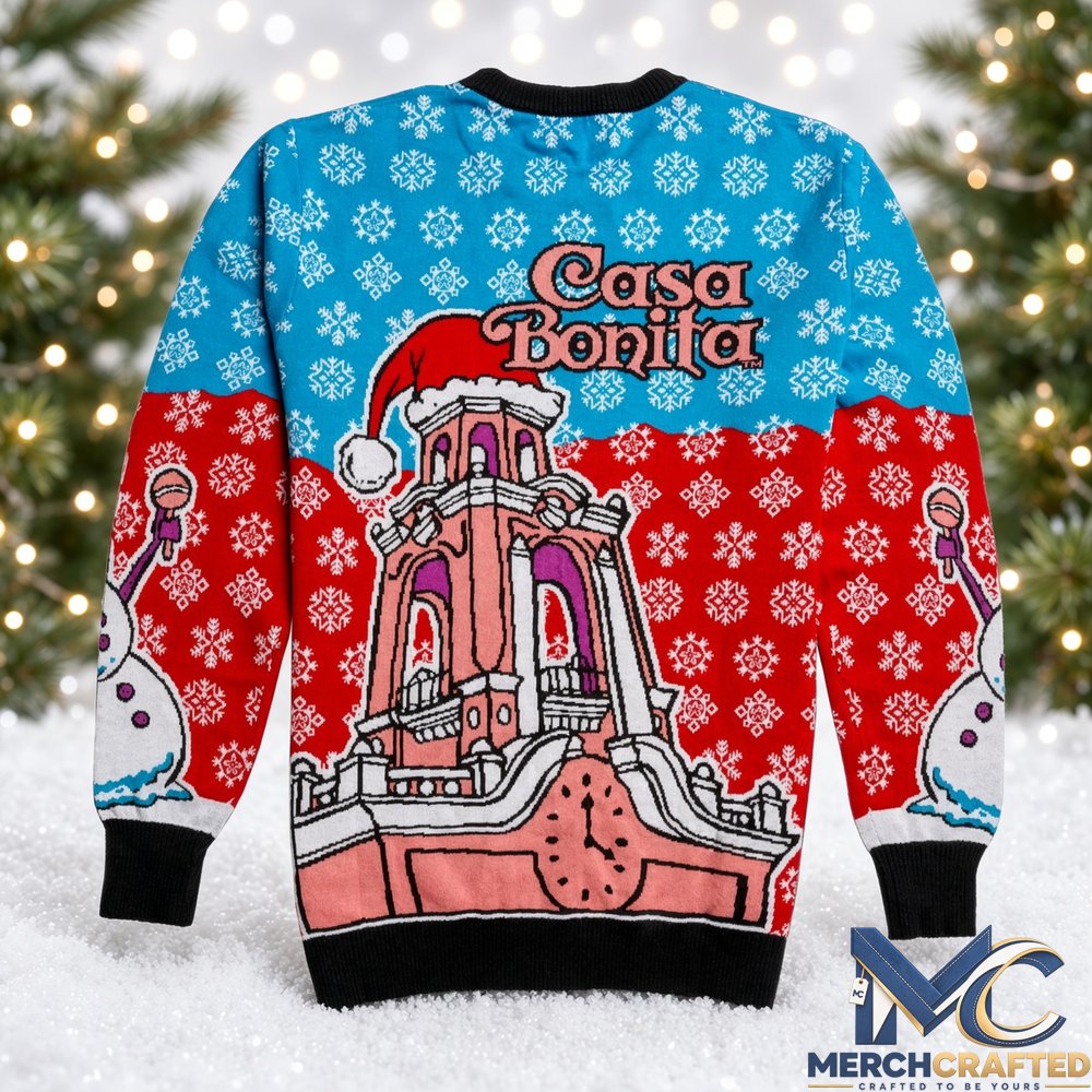 Casa Bonita Snowy Tower Ugly Christmas Sweater 2026 for Christmas Fans