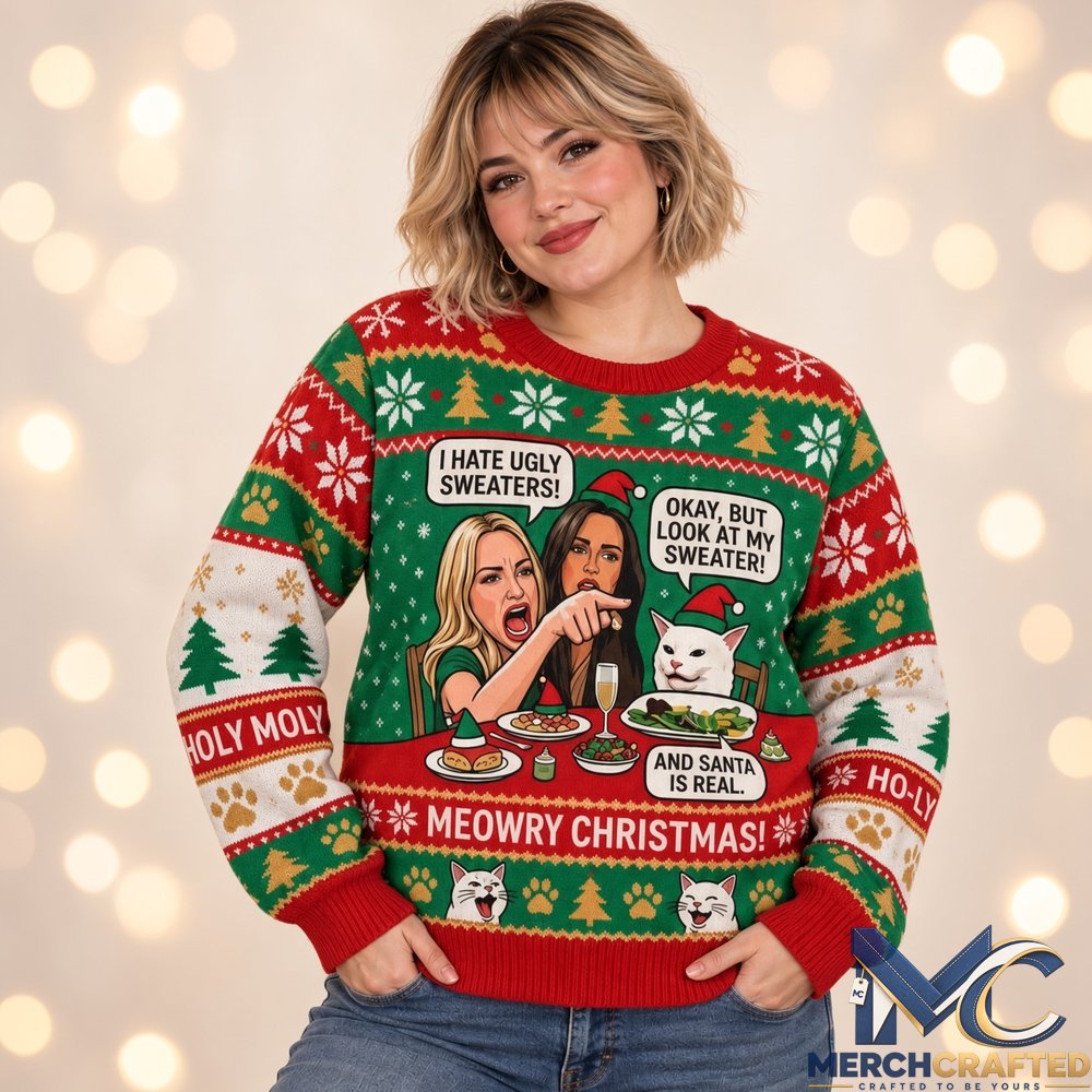Cat Meme Funny Christmas 2026 Ugly Sweater  Meowry Christmas Holy Moly Knit Sweater
