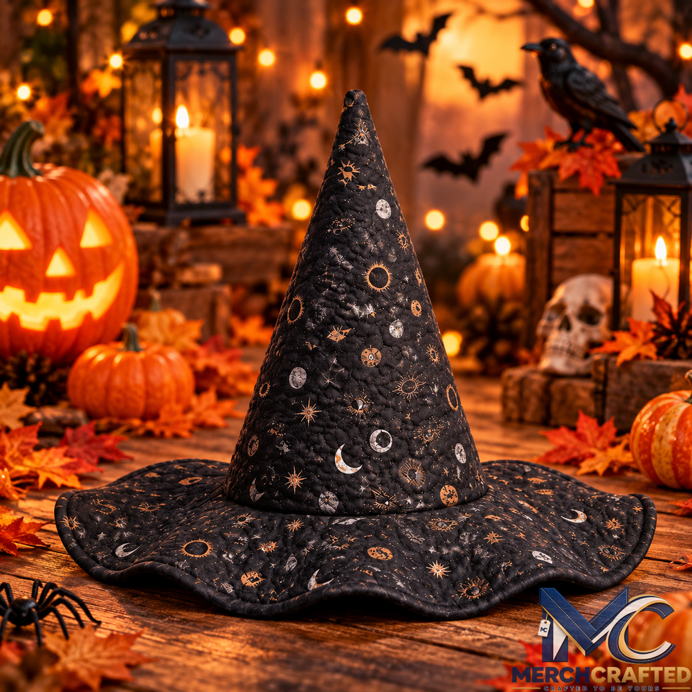 Celestial Moon and Stars Halloween Witch Hat Quilted Black Costume Hat