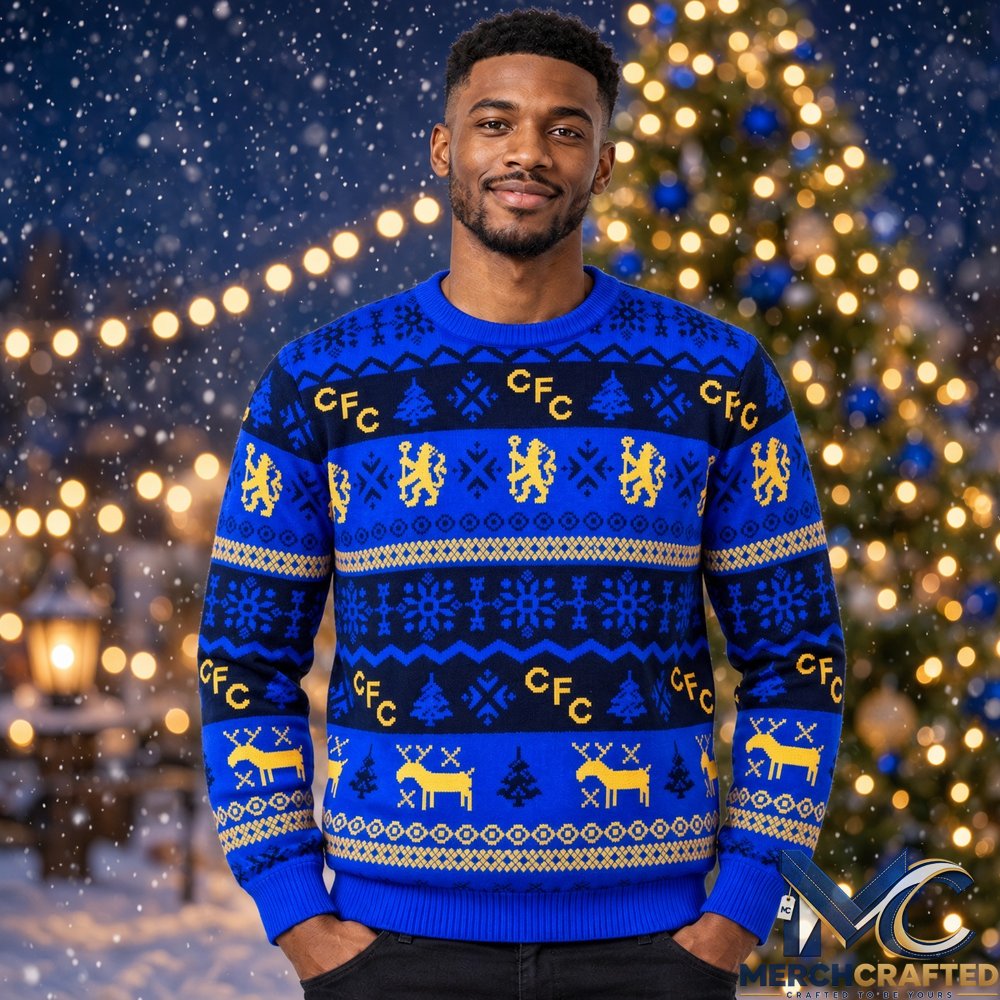 Chelsea FC Gold Reindeer Ugly Christmas Sweater 2026 Knit Jumper Lion Crest Holiday Gift