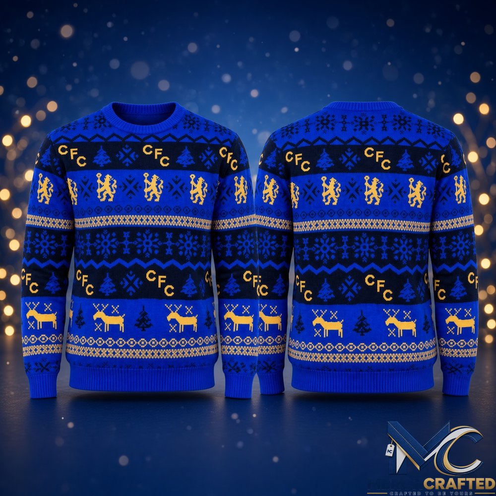 Chelsea FC Gold Reindeer Ugly Christmas Sweater 2026 Knit Jumper Lion Crest Holiday Gift