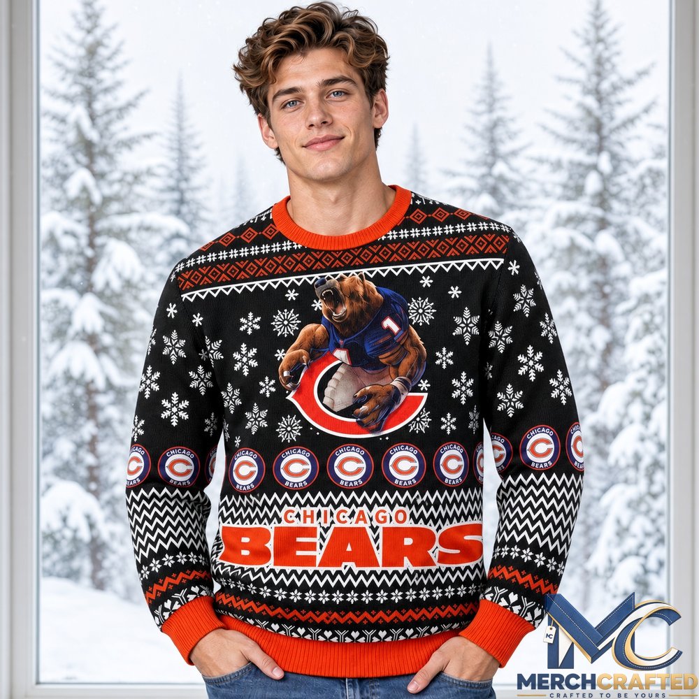 Chicago Bears Winter Wonderland Mascot Helmet Ugly Sweater 2026  Navy Orange Holiday Knit for Football Fans