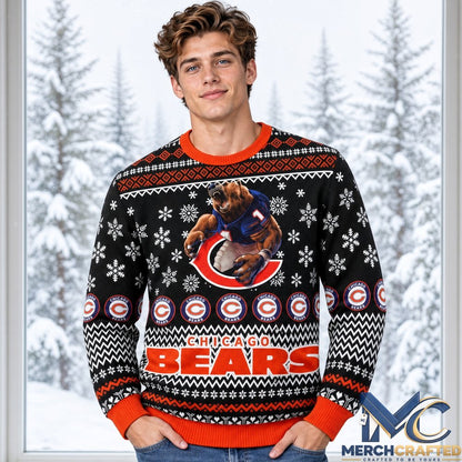 Chicago Bears Winter Wonderland Mascot Helmet Ugly Sweater 2026  Navy Orange Holiday Knit for Football Fans