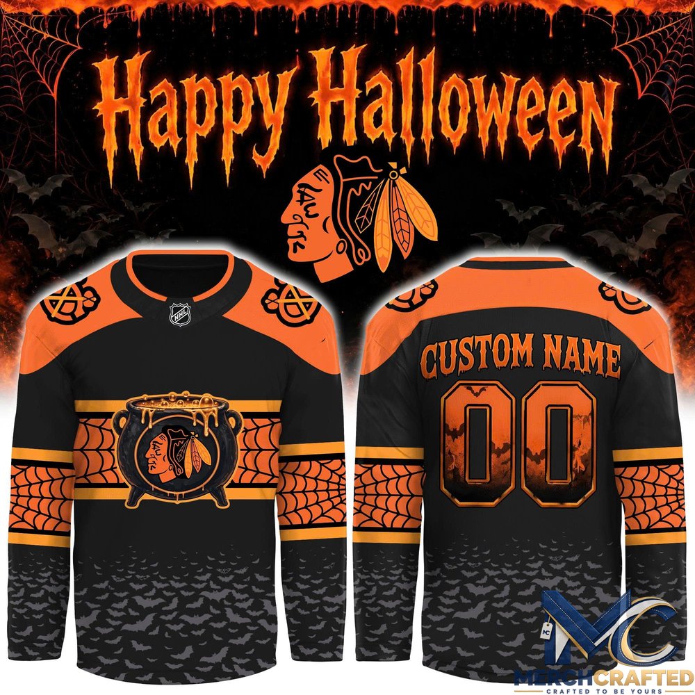 Chicago Blackhawks Halloween 2026 Custom Hockey Jersey – Cauldron x Spiderweb Design