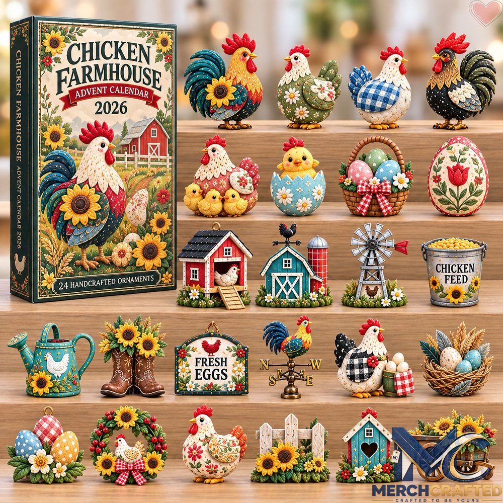 Chicken Farmhouse Advent Calendar 2026 – 24 Handcrafted Farm Ornaments Countdown