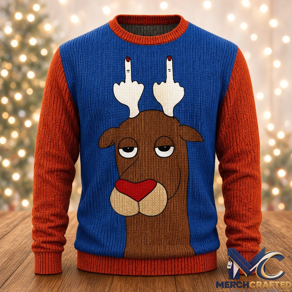 Christmas Reindeer Flipping Horn Ugly Sweater 2026  Funny Naughty Holiday Knit Sweater