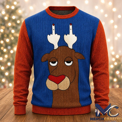 Christmas Reindeer Flipping Horn Ugly Sweater 2026  Funny Naughty Holiday Knit Sweater