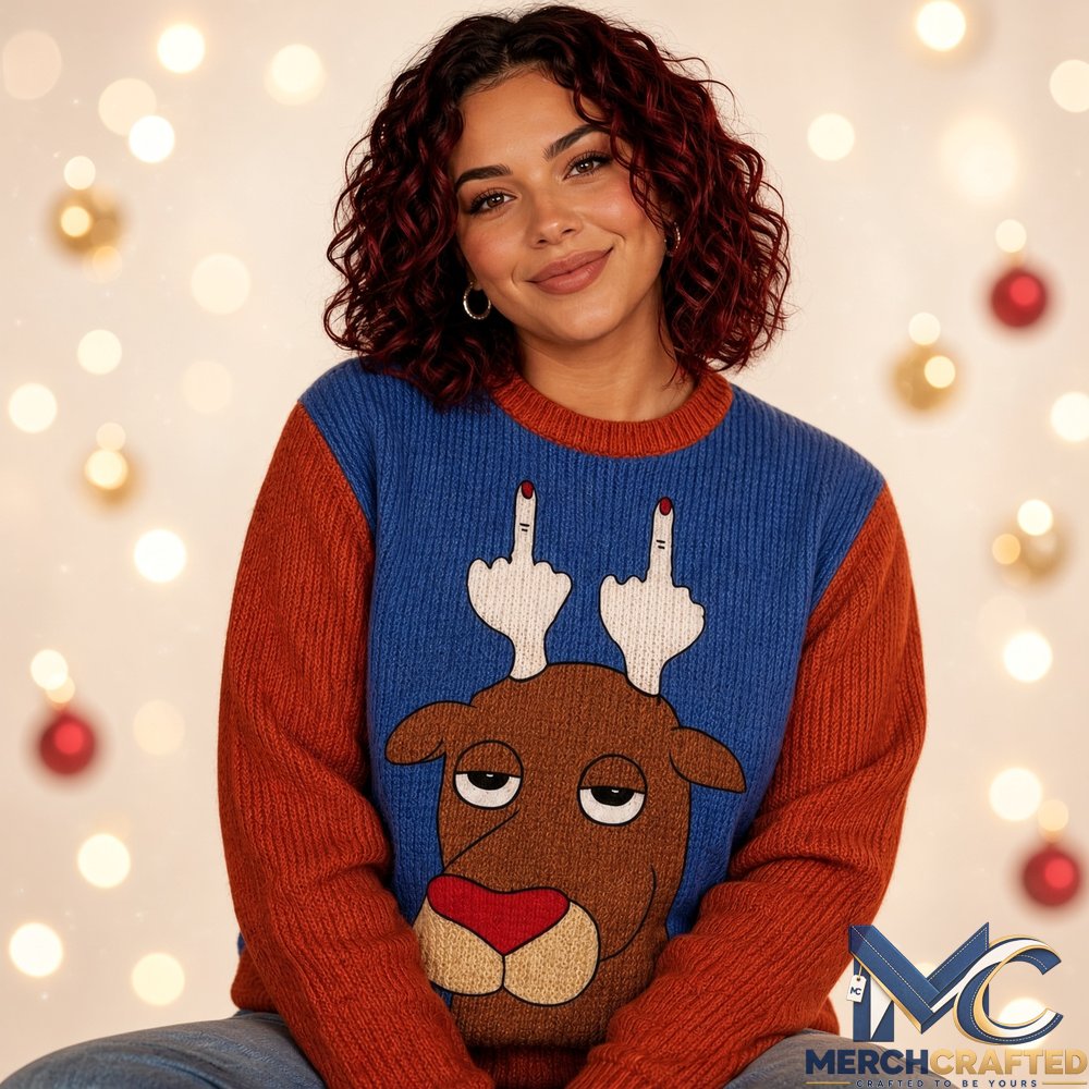 Christmas Reindeer Flipping Horn Ugly Sweater 2026  Funny Naughty Holiday Knit Sweater