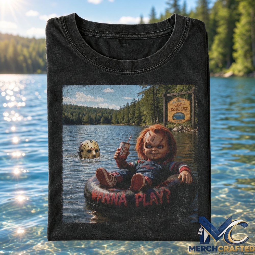Chucky Fishing Wanna Play T-Shirt  Funny Horror Graphic Tee for Halloween and Movie Fans
