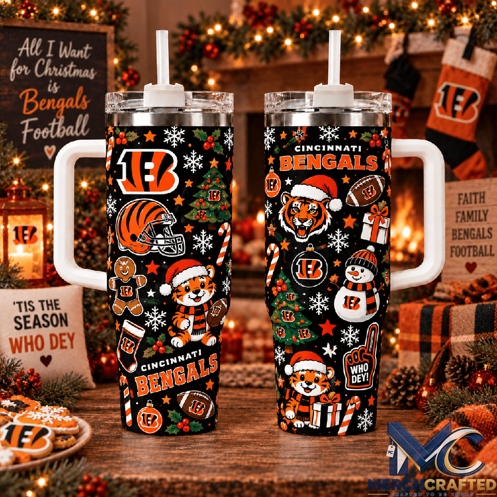 Cincinnati Bengals Christmas Tumbler 40 oz with Handle and Straw