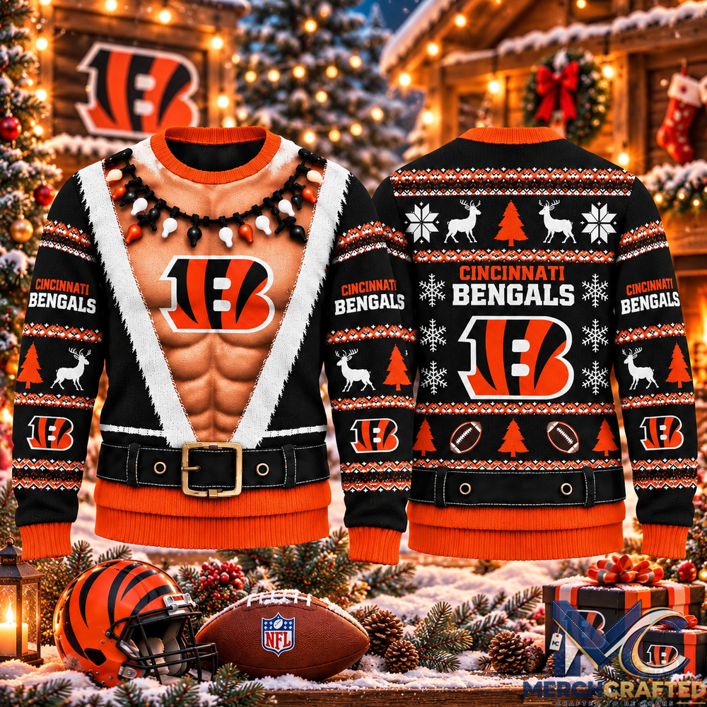 Cincinnati Bengals Ugly Christmas Sweater Funny Muscle Body NFL Football Holiday Sweater for Men and Women