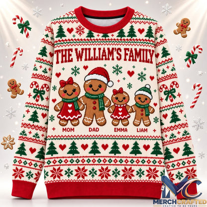 Custom Name Gingerbread Family Christmas 2026 Ugly Sweater Cream Knit