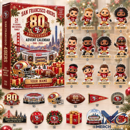 Custom Name San Francisco 49ers Christmas 2026 80th Anniversary Advent Calendar  Personalized 24-Day Gift Set