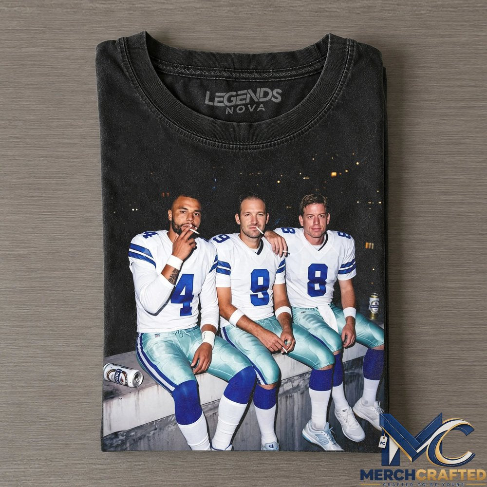 Dallas Cowboys Dak Prescott, Tony Romo x Troy Aikman Smoking on the Bench T-Shirt