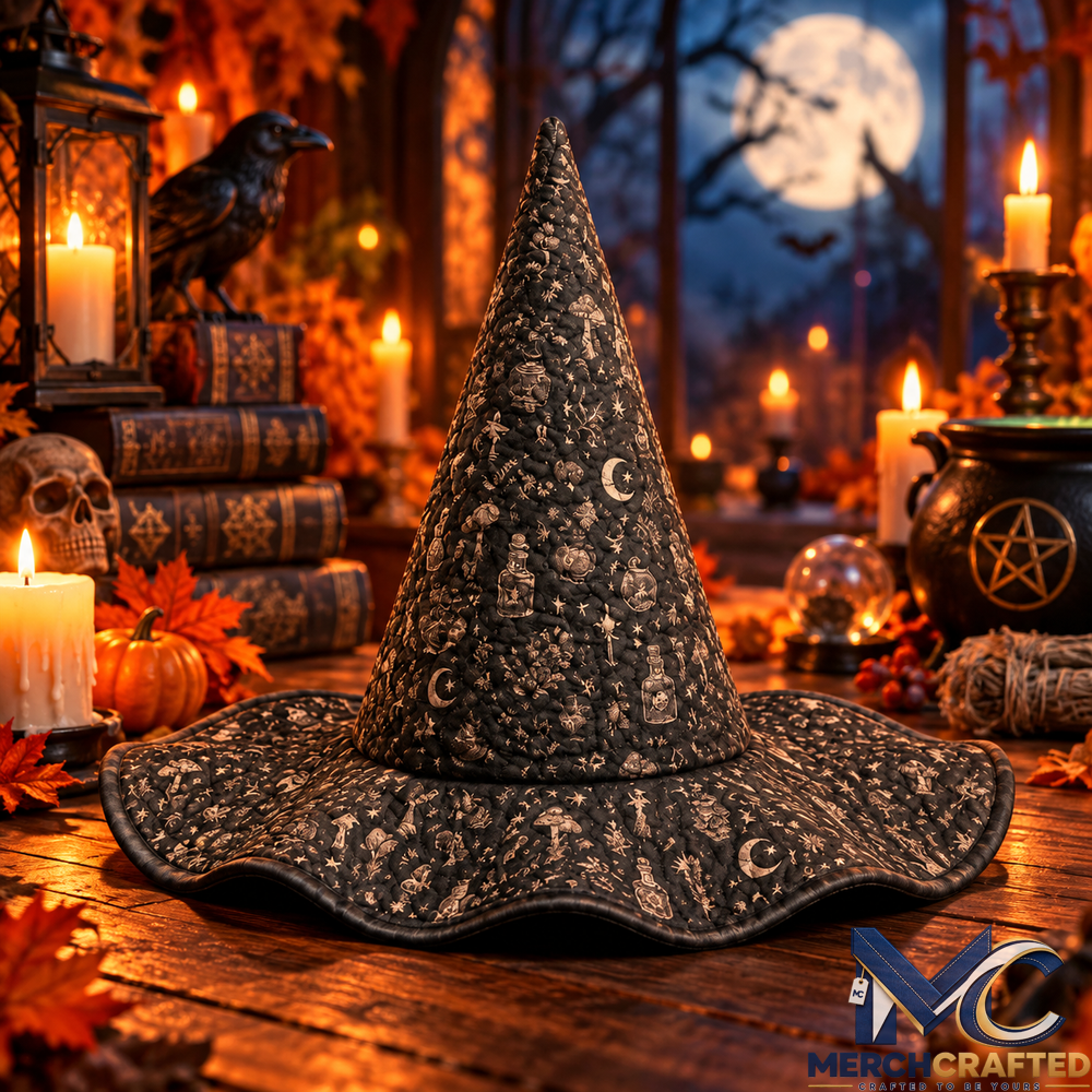 Dark Green Celestial Witch Hat Halloween Quilted Wizard Costume Hat