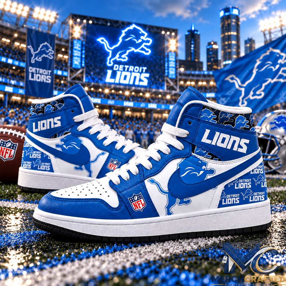 Detroit Lions Blue White High Top Shoes Football Fan Sneakers Game Day Gift