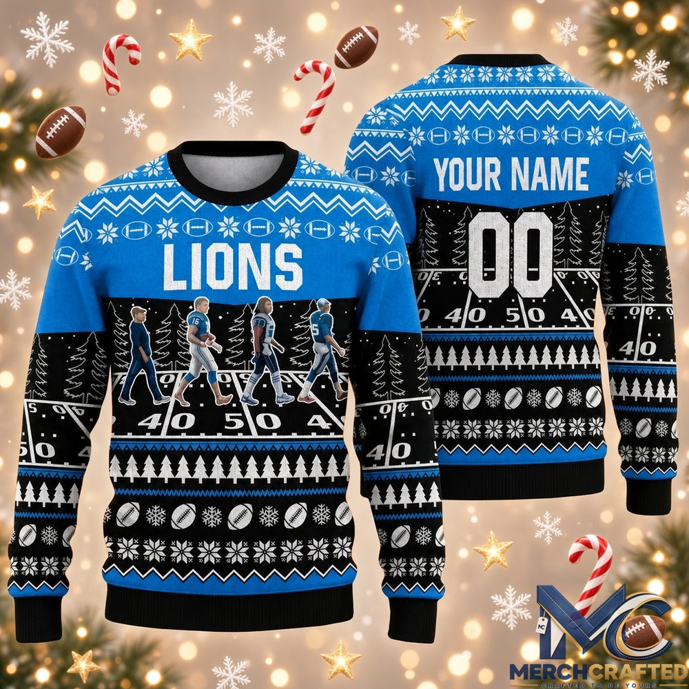 Detroit Lions Walking Abbey Road Personalized 2026 Ugly Christmas Sweater Custom Name Holiday Knit