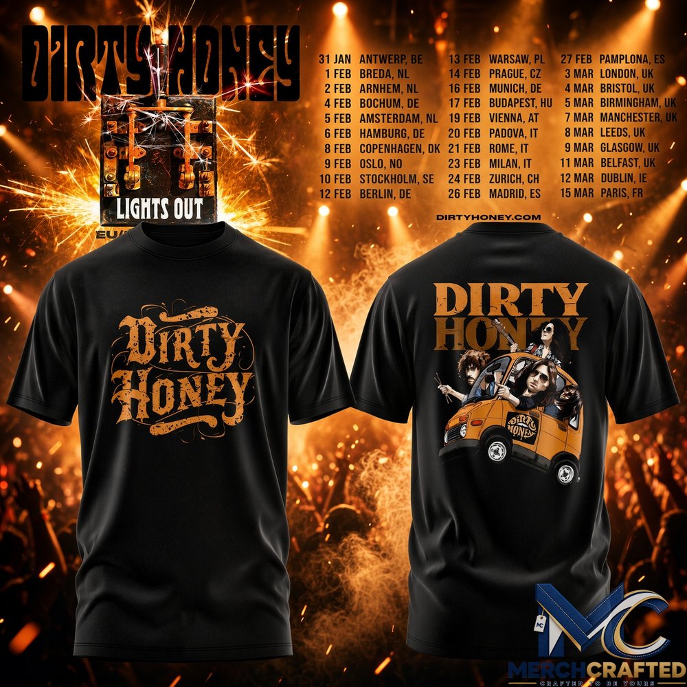 Dirty Honey EU UK Tour 2027 Black Edition T-Shirt Lights Out Rock Band Tee