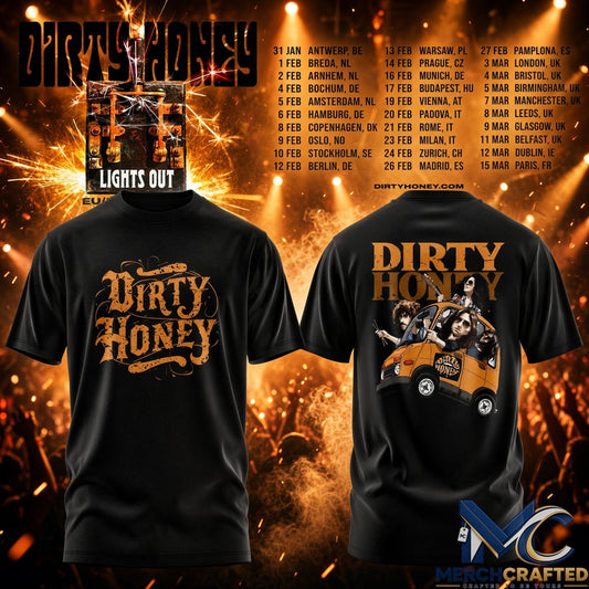 Dirty Honey EU UK Tour 2027 Black Edition T-Shirt Lights Out Rock Band Tee
