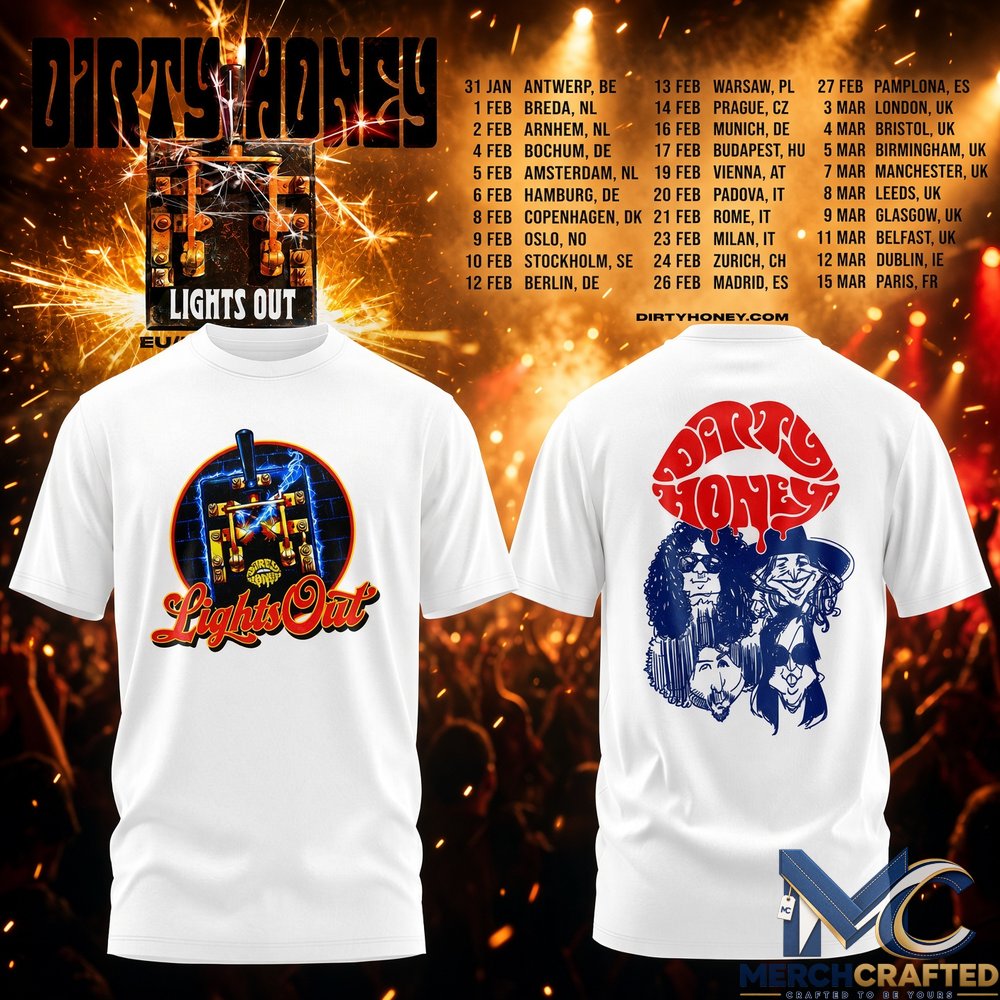 Dirty Honey EU UK Tour 2027 Lights Out White Edition T-Shirt Rock Band Tee