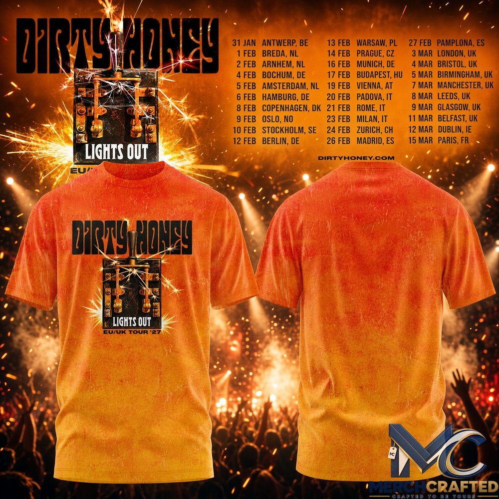 Dirty Honey EU UK Tour 2027 Limited Edition T-Shirt Lights Out Orange Rock Band Tee