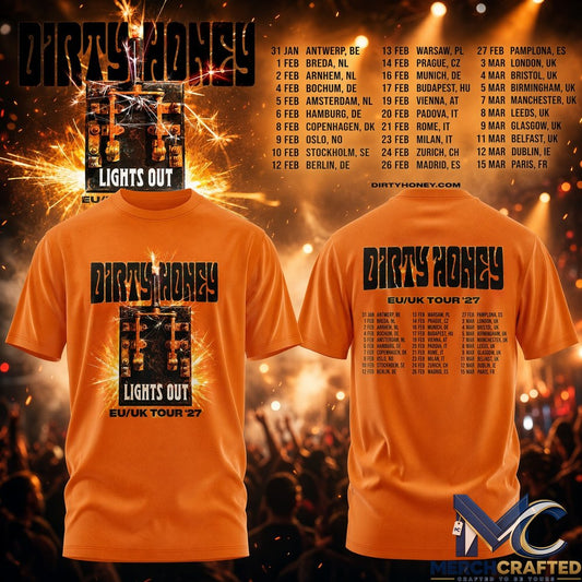 Dirty Honey EU UK Tour 2027 Premium T-Shirt Lights Out Orange Rock Band Tee