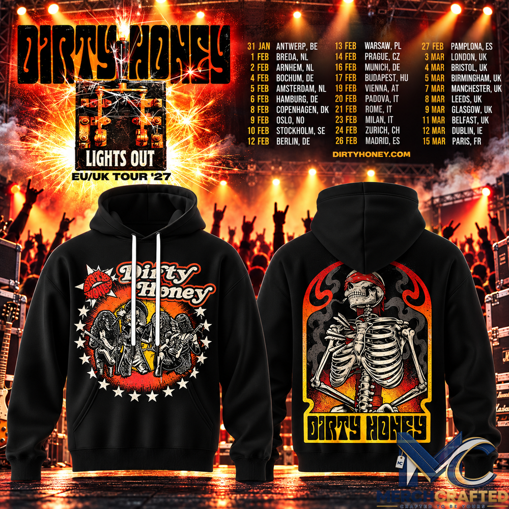 Dirty Honey Lights Out EU UK Tour 2027 Skeleton Rock Band Hoodie