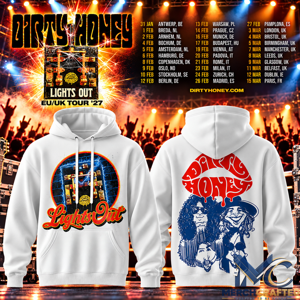Dirty Honey Lights Out EU UK Tour 2027 White Rock Band Hoodie
