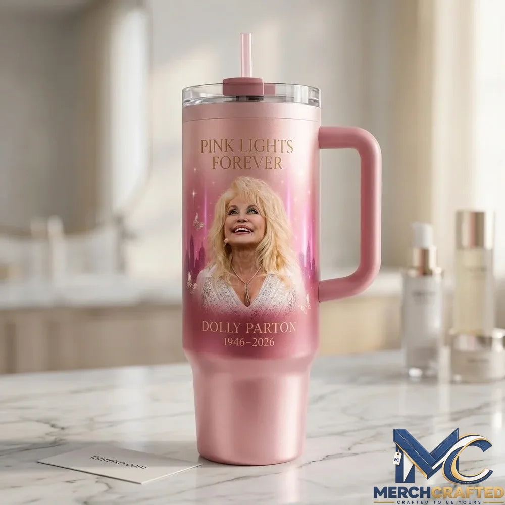Dolly Parton Pink Lights Forever In Loving Memory 1946-2026 Stainless Steel Tumbler with Handle