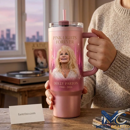Dolly Parton Pink Lights Forever In Loving Memory 1946-2026 Stainless Steel Tumbler with Handle