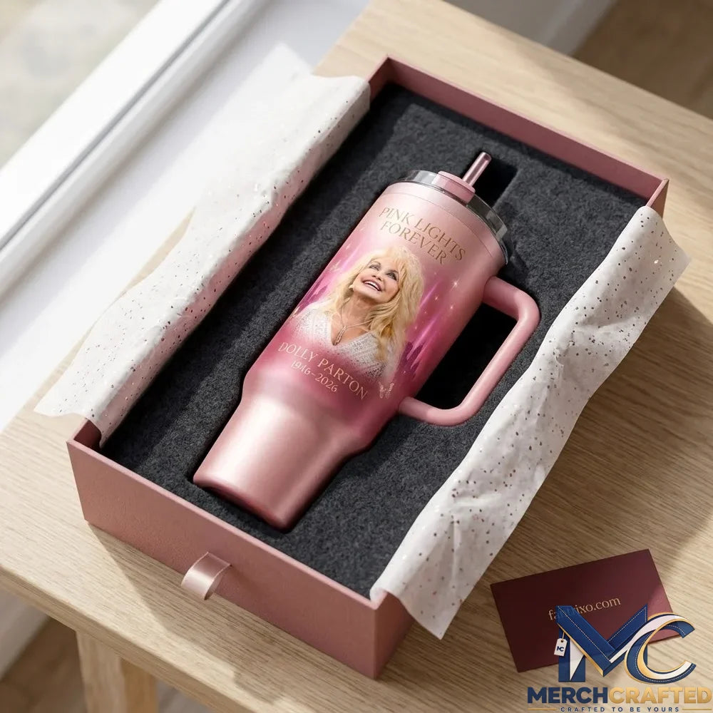 Dolly Parton Pink Lights Forever In Loving Memory 1946-2026 Stainless Steel Tumbler with Handle