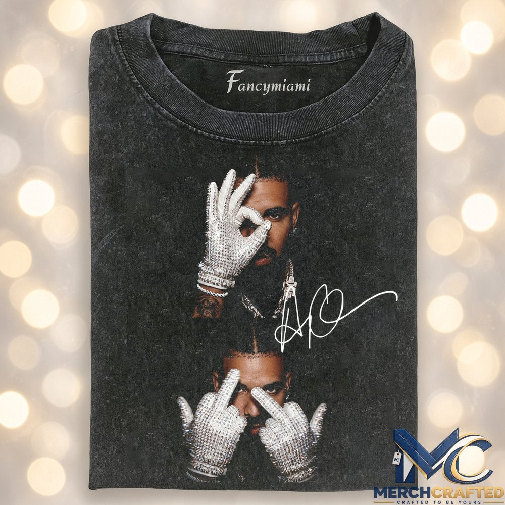 Drake Rhinestone Glove Covering Eye T-Shirt  Vintage Music Graphic Tee with Signature for Drake Fans