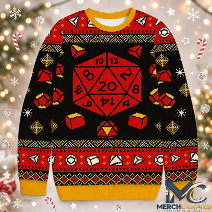 Dungeons and Dragons D20 Dice Ugly Christmas Sweater Funny Tabletop RPG Gamer Holiday Sweatshirt