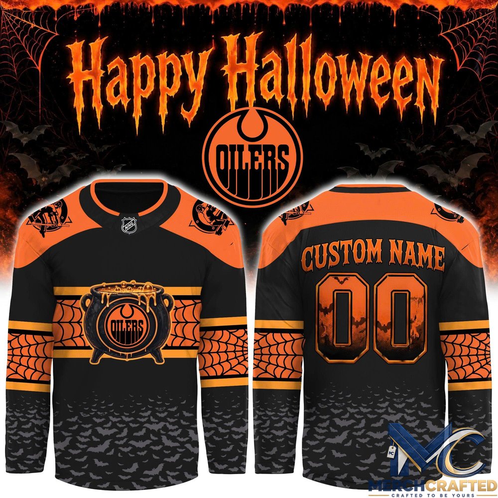 Edmonton Oilers Halloween 2026 Custom Hockey Jersey – Cauldron x Spiderweb Design