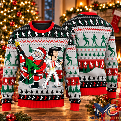 Elvis Presley Santa Rockin Christmas Ugly Sweater Music Lover Holiday Sweater